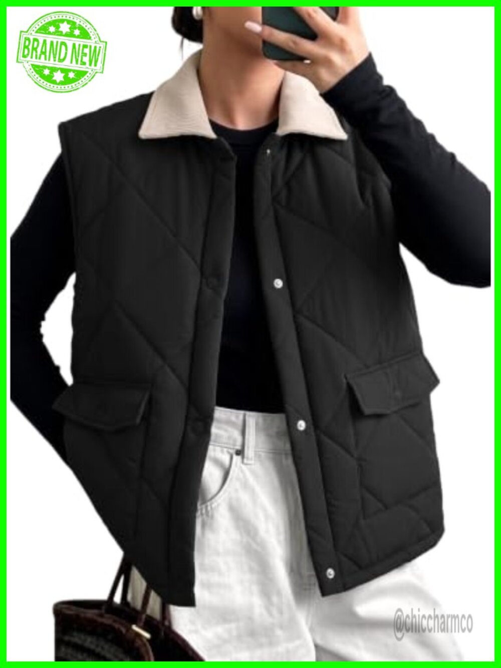 Quilted Puffer Vest Button Down Lapel Collar Sleeveless with Pockets